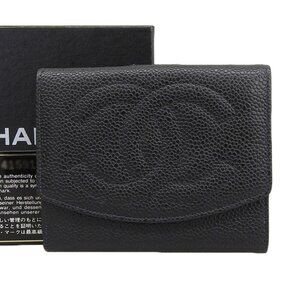 CHANEL Authentic Black Caviar Leather Logo Wallet
